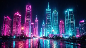 霓虹燈照亮的摩天大樓在雨夜中閃耀粉紅和青色，倒映在濕漉漉的街道上。
