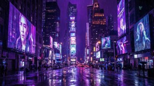 霓虹燈城市街道夜景，雨水在濕漉漉的路面上反射和發光的廣告牌。