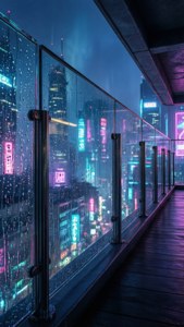 雨濕的玻璃欄杆俯瞰著夜晚霓虹燈閃爍的未來城市。