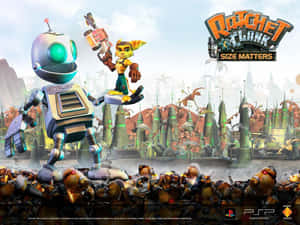 Ratchet 和 Clank 站在被擊敗的敵人之上，身處科幻風景 — 巴黎聖日耳曼 壁紙
