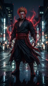 紅眼戰士帶著發光能量，夜晚站在雨中的城市街道上。