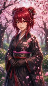 紅髮動漫女孩穿著櫻花和服站在春日花園中