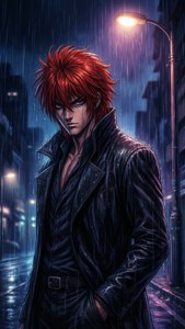 紅髮動漫男子穿著黑色風衣，在雨夜城市中站在路燈下。