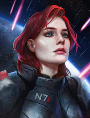 紅髮女性身穿N7裝甲，仰望宇宙能量軌跡和星星。 — Kindle Paperwhite 壁紙