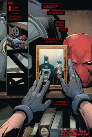 Red Hood 拿著一幅有框的蝙蝠俠和羅賓照片，附有漫畫對話。 — iPad Pro 11 壁紙