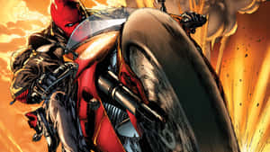Red Hood 騎著紅色摩托車在熾熱爆炸中疾馳。 — 紅頭罩 壁紙
