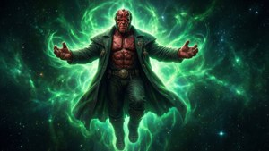 Hellboy 在太空中漂浮，被綠色能量包圍，背景有星星。