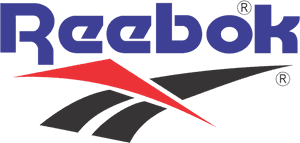 Reebok 品牌標誌，藍色文字，紅色灰色勾號，黑色背景。