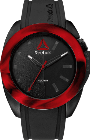Reebok運動手錶特寫，黑色錶盤和紅色點綴。