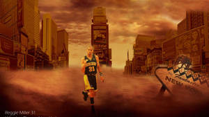 Reggie Miller 跑過一條佈滿灰塵的城市街道，兩旁有廣告牌和一個「Welcome to New York」標誌。 — 籃球 壁紙