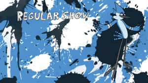 《Regular Show》中的藍鳥卡通角色，背景為油漆飛濺。 — 天兵公園 壁紙