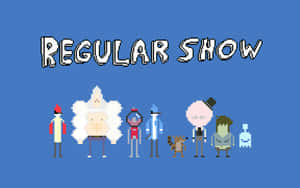 《Regular Show》的像素化角色在藍色背景上排成一線。 — 天兵公園 壁紙