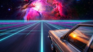 日落時分，復古汽車在宇宙星雲下的霓虹格線上行驶。