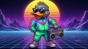 一隻穿著復古裝備的卡通鴨子在發光的日落下手持手提音響。