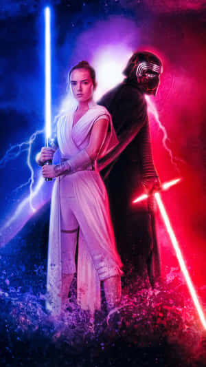 Rey 和 Kylo Ren 在宇宙風暴中手持光劍。 — 凱羅·忍 壁紙