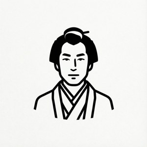 日本男士穿著和服及頂髻髮型的黑色線條畫。