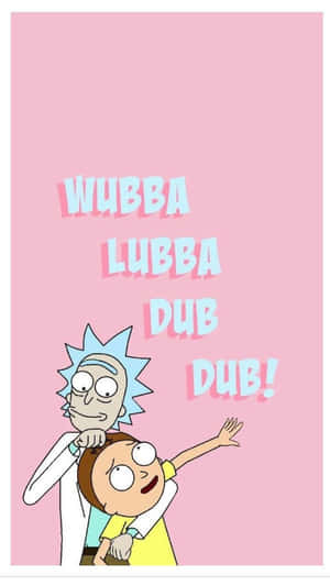 Rick and Morty 角色在粉紅色背景上帶有 WUBBA LUBBA DUB DUB 字句。 — 超殺的瑞克和莫蒂 壁紙