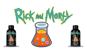 Rick and Morty 品牌的能量補充劑瓶子和帶有橙色藥水的燒杯。