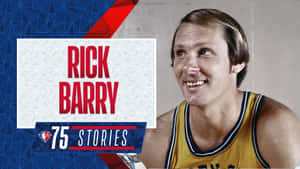 Rick Barry 身穿黃色球衣微笑，帶有圖形背景和文字疊加。 — NBA 壁紙