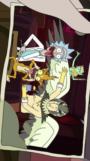 Rick Sanchez 和 Morty Smith 與其他角色在混亂的動畫場景中。 — 高對比 壁紙