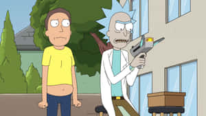 Rick Sanchez 在郊區庭院用射線槍指向 Morty Smith。 — 湯姆與傑利卡通 壁紙