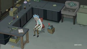 Rick Sanchez 癱坐在一個雜亂的科學實驗室裡，裡面有損壞的小工具。 — 瑞克和莫蒂 4K 壁紙