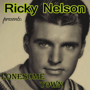 Ricky Nelson 在復古深褐色肖像中，帶有綠色文字疊加，用於他的節目 'Lonesome Town'。 — 專輯封面 壁紙