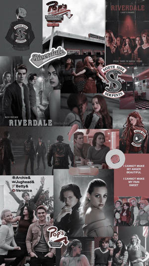 Riverdale 電視節目角色拼貼畫，帶有黑暗的城市場景和紅色品牌標識。 — 美學拼貼 壁紙