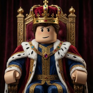 Roblox 國王身穿皇家藍色和紅色長袍，頭戴金色王冠，坐在華麗的王座上。