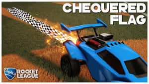 《Rocket League》中藍色火箭車衝過方格旗，帶有火焰排氣。 — 旗幟 壁紙