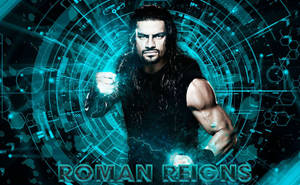 Roman Reigns 在一個帶有未來科技效果的發光藍色數位競技場中。 — 羅曼·雷恩斯 壁紙