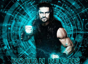Roman Reigns 身處數位競技場，拳頭發光，背景是未來感的藍色。 — 羅曼·雷恩斯 壁紙