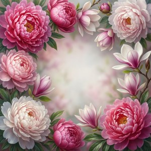 粉紅牡丹和木蘭花在柔和的花卉邊框中綻放，襯以綠葉。 — Pixel Watch 壁紙