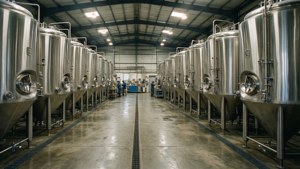 工廠內長排的不鏽鋼釀酒槽，背景有工人。