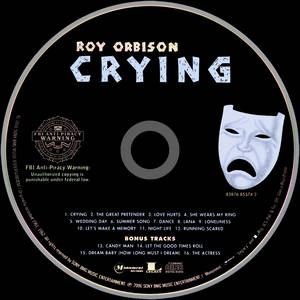 Roy Orbison專輯《Crying》的黑色CD標籤，帶有白色文字和哭泣面具。 — 音樂 壁紙
