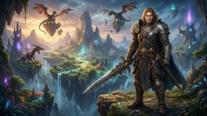 史詩奇幻場景，一名戰士俯瞰魔法大地，喚起經典 RPG 冒險氛圍。 — 電玩遊戲 GIF 壁紙