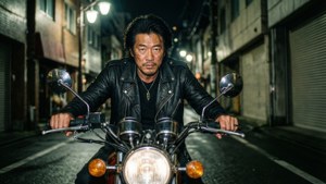 男人在黑暗的城市小巷中騎摩托車，有霓虹燈