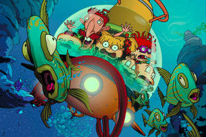 Rugrats 角色在潛艇中，海洋中有巨型魚類 — 可愛卡通 壁紙