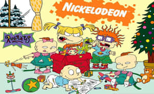 Rugrats 小孩在裝飾好的聖誕樹附近玩玩具。 — 可愛卡通 壁紙