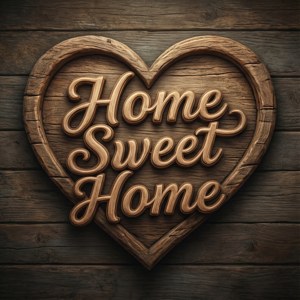 雕刻木製心形標牌，在質樸的牆上寫著 Home Sweet Home。 — Pixel Watch 5 壁紙