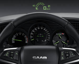 Saab 汽車內飾儀表板，帶有發光的綠色儀表和控制器。 — 紳寶 壁紙