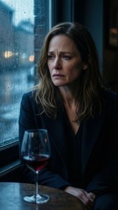 一位憂傷的女子在雨中獨自坐在咖啡館窗前，手持一杯紅酒。