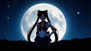 Sailor Moon 穿著標誌性服裝，站在滿月前，星空夜幕下。