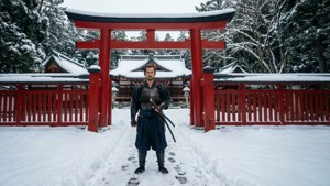 雪中站在紅色神社門前的武士