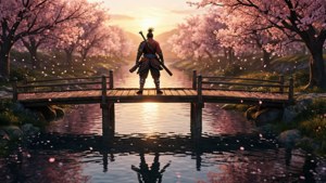 武士戰士在日落時分站在櫻花下的木橋上。