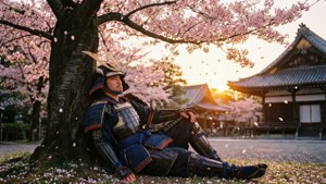 身穿鎧甲的武士在夕陽下櫻花樹旁寺廟附近休息
