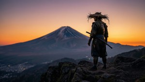 武士戰士在日落時分從岩石峭壁邊緣俯瞰富士山。