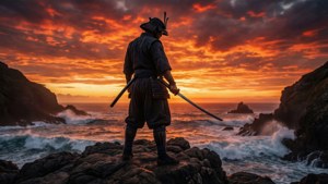 武士在懸崖上持劍，俯瞰火紅日落下的波濤洶湧的大海。