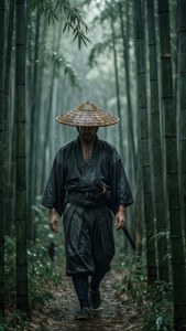 武士戴草帽走過雨中的竹林