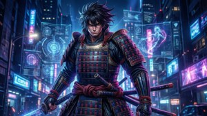 未來賽博龐克城市中手持發光劍和全息顯示屏的武士戰士。